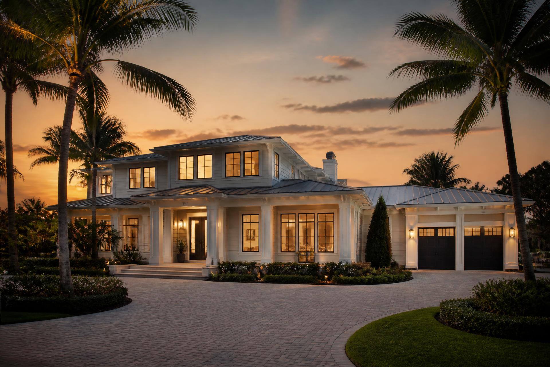 An elegant South Florida home at golden hour with impact windows and palm trees